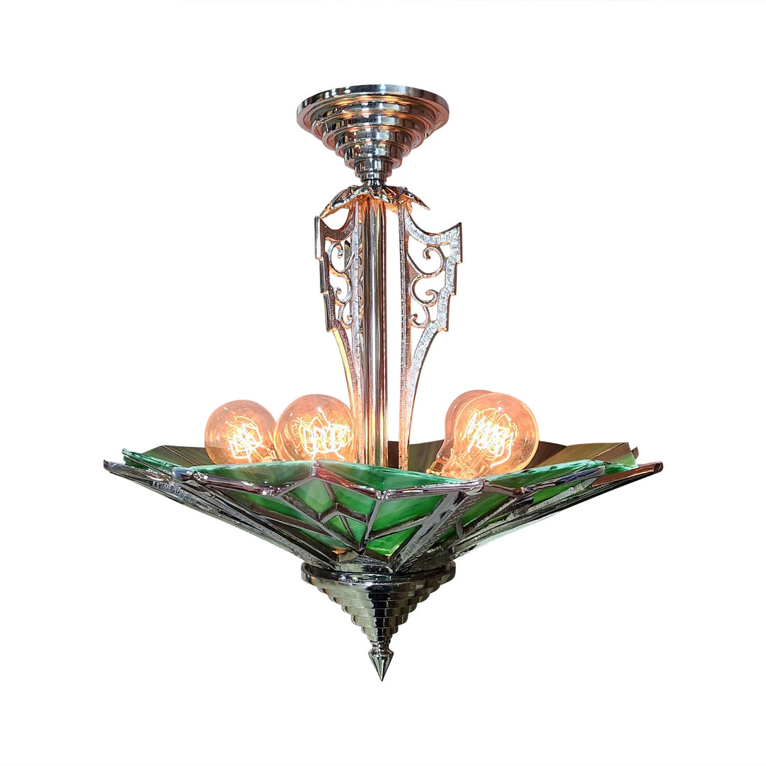 17 Inch Classic Art Deco Close Ceiling Light with Deco Green Glass (Polished Chrome Finish) COPPER MOUNTAIN HARDWARE
