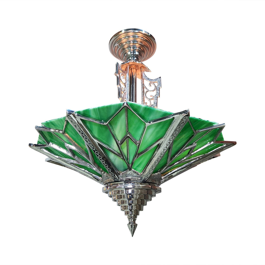 17 Inch Classic Art Deco Close Ceiling Light with Deco Green Glass (Polished Chrome Finish) COPPER MOUNTAIN HARDWARE