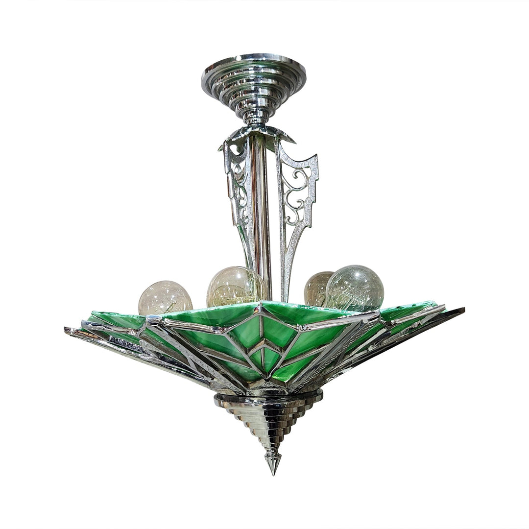 17 Inch Classic Art Deco Close Ceiling Light with Deco Green Glass (Polished Chrome Finish) COPPER MOUNTAIN HARDWARE