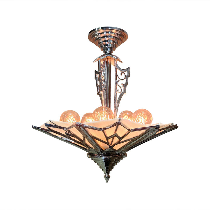 17 Inch Classic Art Deco Close Ceiling Light with Pink Champagne Glass (Polished Chrome Finish) COPPER MOUNTAIN HARDWARE