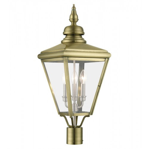 3 Light Antique Brass Outdoor Large Post Top Lantern with Brushed Nickel Finish Cluster Livex