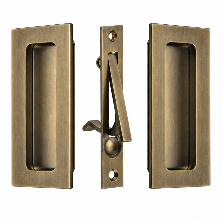 4 Inch Solid Brass Modern Rectangular Pocket Door Pull Set