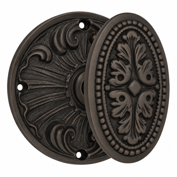 Romanesque Rosette Door Set with Avalon Oval Door Knobs (Several Finishes Available)
