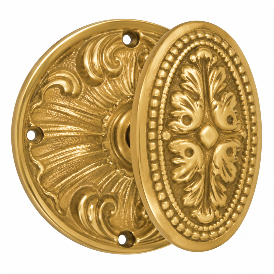 Romanesque Rosette Door Set with Avalon Oval Door Knobs (Several Finishes Available)