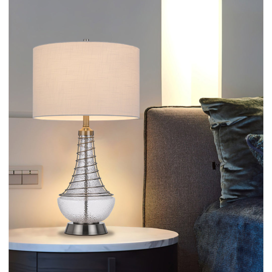 150W 3 WAY BARABOO GLASS TABLE LAMP WITH WIRE GUARD DESIGN AND DRUM FABRIC SHADE Cal Lighting
