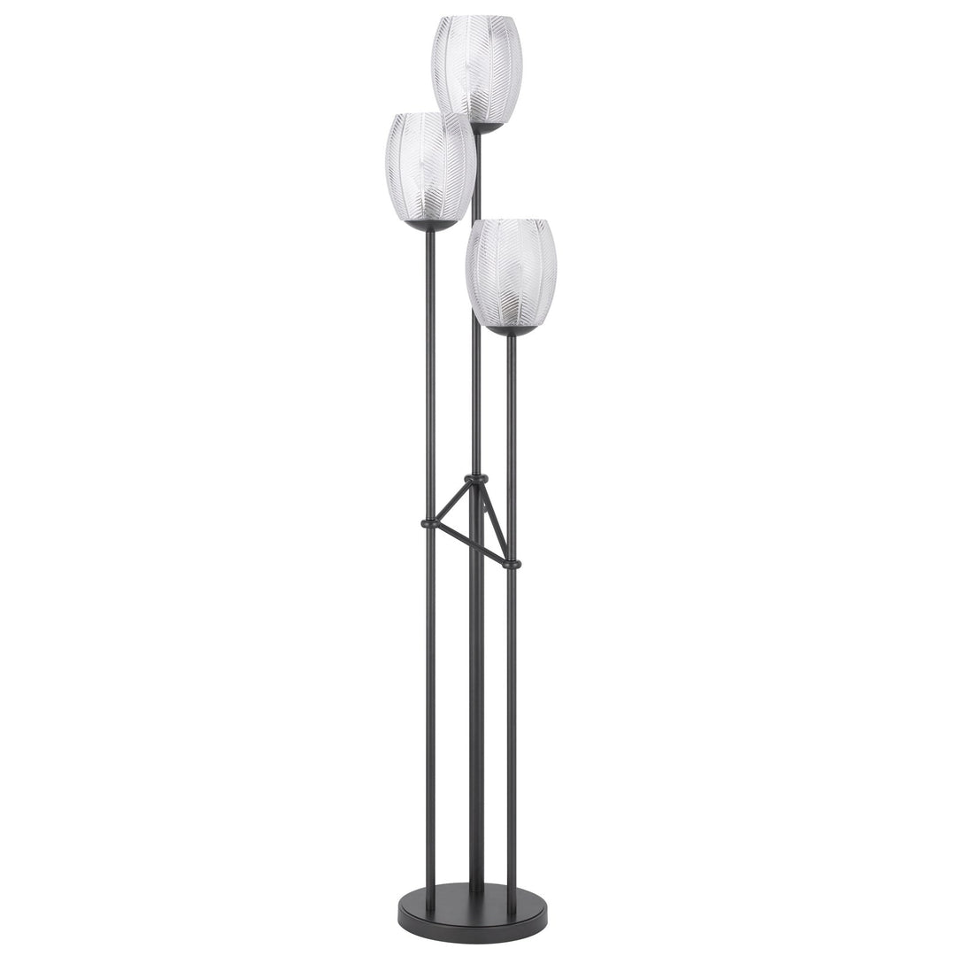 60W X 3 OCONTO METAL FLOOR LAMP WITH PATTERNED GLASS SHADES. Cal Lighting