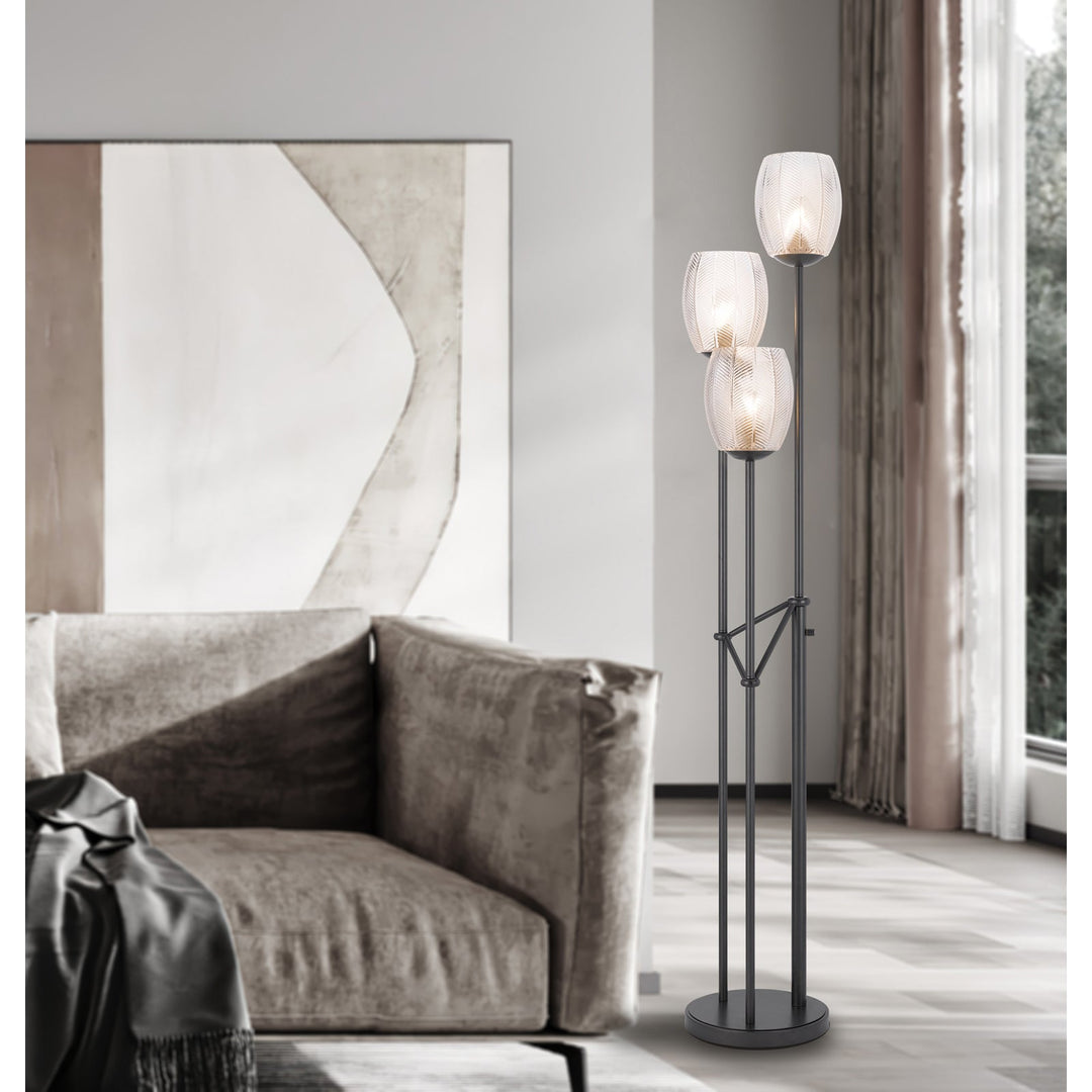 60W X 3 OCONTO METAL FLOOR LAMP WITH PATTERNED GLASS SHADES. Cal Lighting
