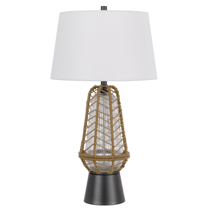 HANKO 100W 3 WAY TABLE LAMP WITH 2W LED NIGHT LIGHT WITH BURLAP WRAPPED GLASS AND METAL BASE Cal Lighting