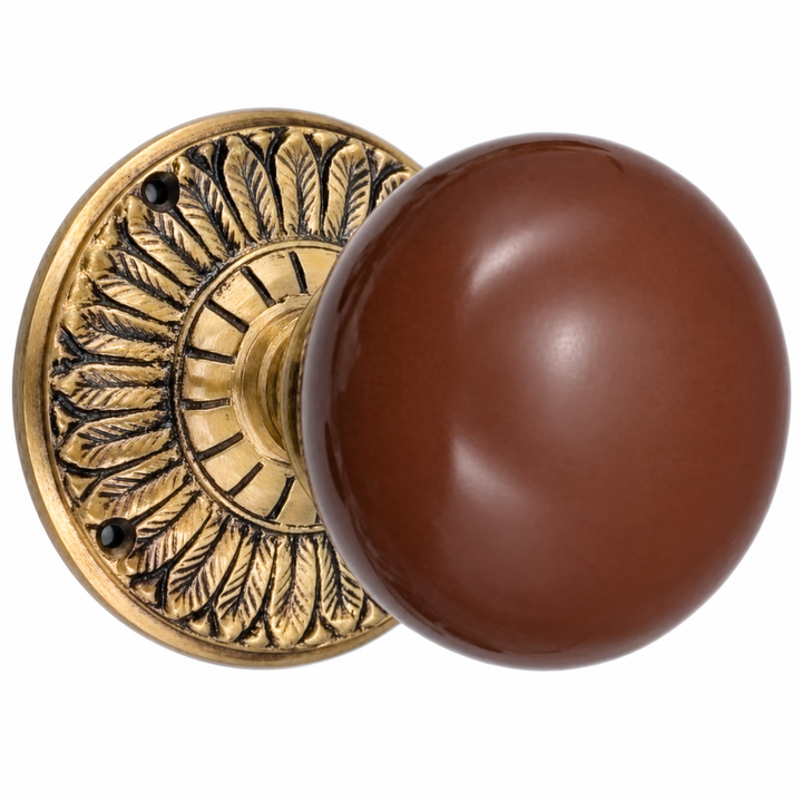 Brown Porcelain Door Knob with Brass Feathers Rosette (Several Finishes Available)