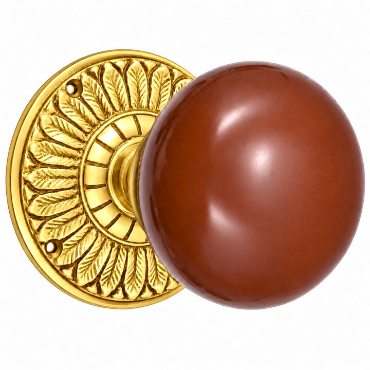 Brown Porcelain Door Knob with Brass Feathers Rosette (Several Finishes Available)