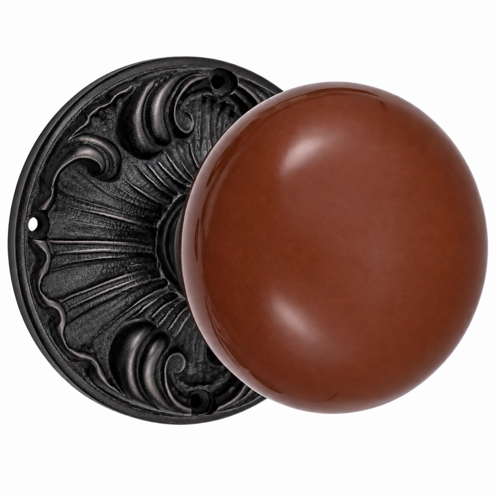 Brown Porcelain Door Knob Set with Romanesque Rosette (Several Finishes Available)