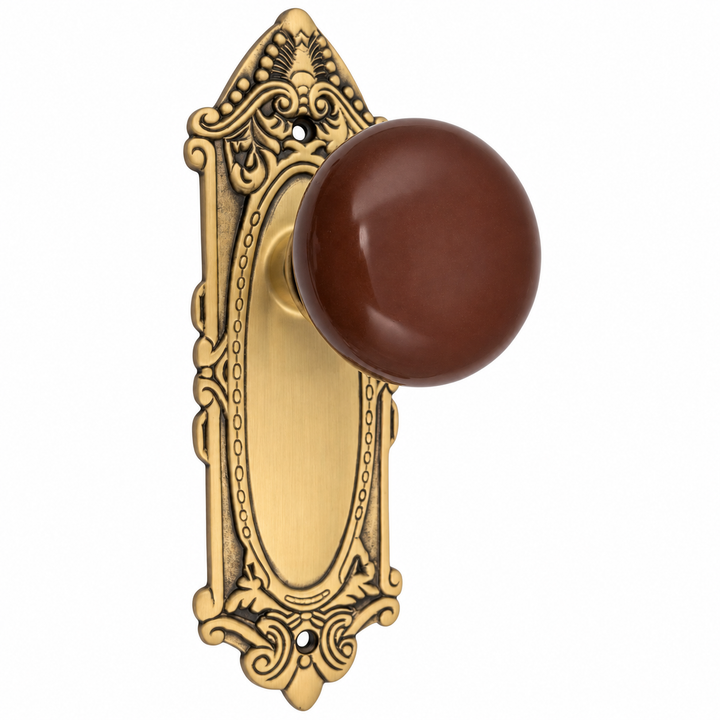 Brown Porcelain Door Knob Set with Largo Design Backplate (Several Finishes Available)