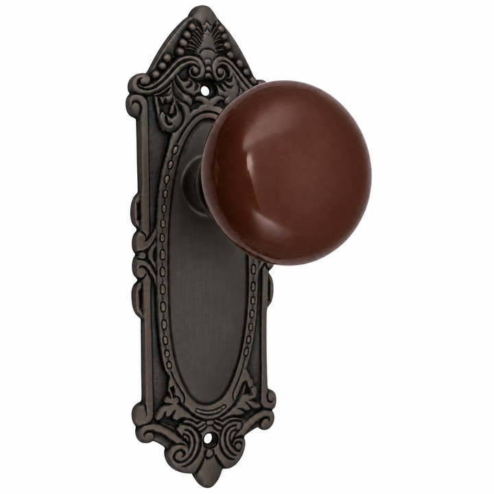 Brown Porcelain Door Knob Set with Largo Design Backplate (Several Finishes Available)