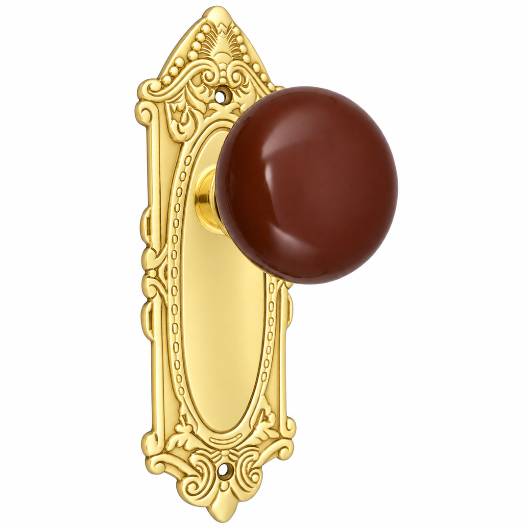 Brown Porcelain Door Knob Set with Largo Design Backplate (Several Finishes Available)