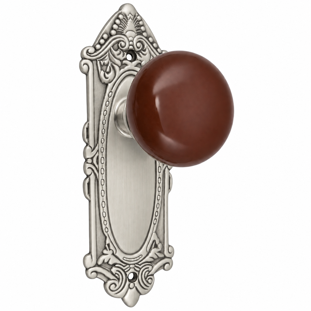 Brown Porcelain Door Knob Set with Largo Design Backplate (Several Finishes Available)