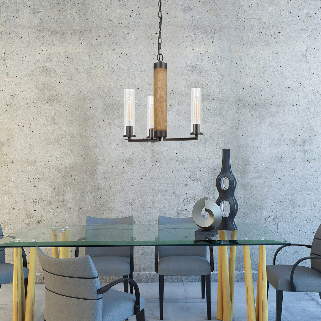 60W X 3 SILVERTON METAL/WOOD 3 LIGHT CHANDELIER WITH GLASS SHADES. (EDISON BULBS INCLUDED) Cal Lighting