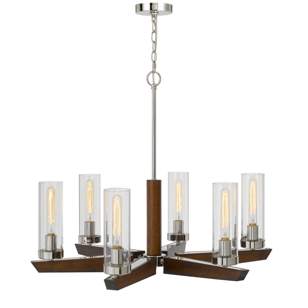 60W X 6 ERCOLANO PINE WOOD/METAL CHANDELIER WITH CLEAR GLASS SHADE (EDISON BULBS NOT INCLUDED) Cal Lighting