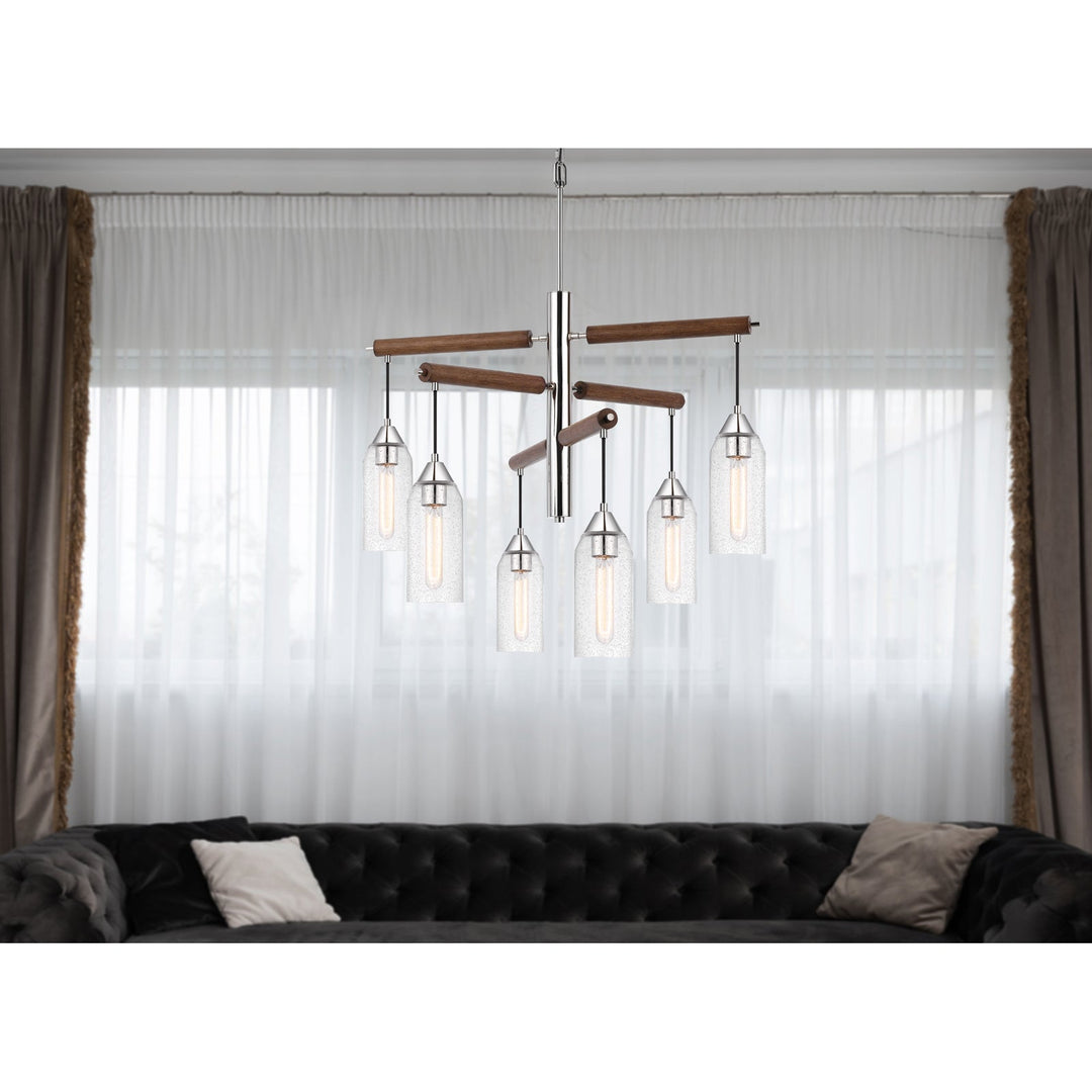 60W X 6 MASSILLON RUBBER WOOD CHANDELIER WITH HANGING BULBBED GLASS SHADES Cal Lighting