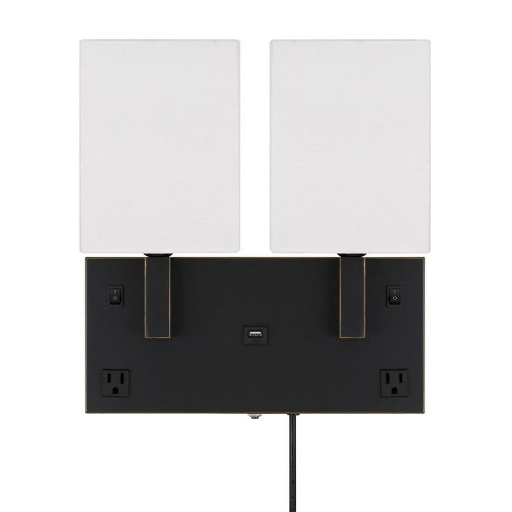 40W X 2 OBERLIN WALL LAMP WITH 2 POWER OUTLETS AND 1 USB CHARGING PORT Cal Lighting