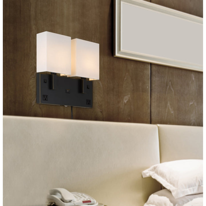 40W X 2 OBERLIN WALL LAMP WITH 2 POWER OUTLETS AND 1 USB CHARGING PORT Cal Lighting