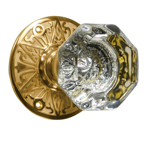 Crystal Octagon Door Knob Set with Solid Brass Eastlake Rosettes (Several Finishes Available)