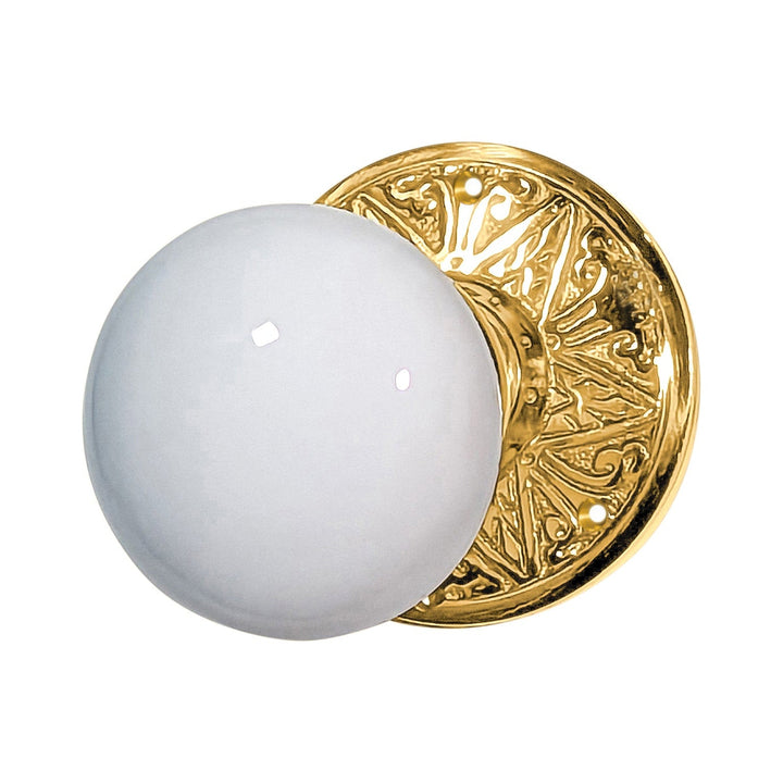 Eastlake Rosette Door Set with White Porcelain Door Knobs (Several Finishes Available)