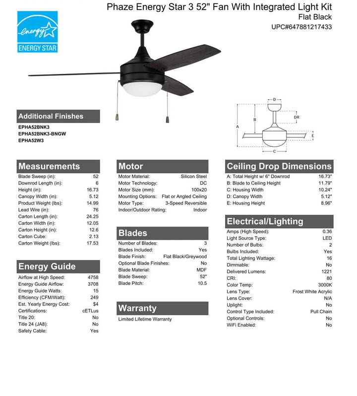 Antique Hardware 52" Phaze Energy Star 3 in Flat Black w/ Flat Black/Greywood Blades Ceiling Fan