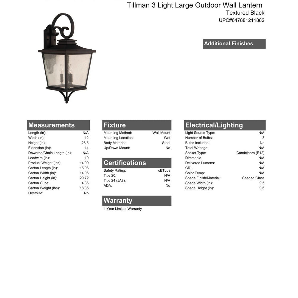 Tillman 3 Light Large Outdoor Wall Lantern in Textured Black CRAFTMADE