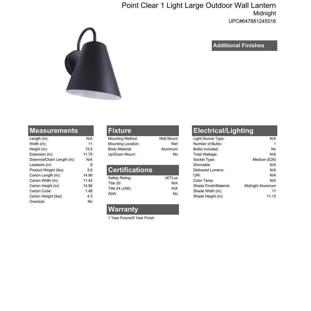 Point Clear 1 Light Large Outdoor Wall Lantern in Midnight CRAFTMADE